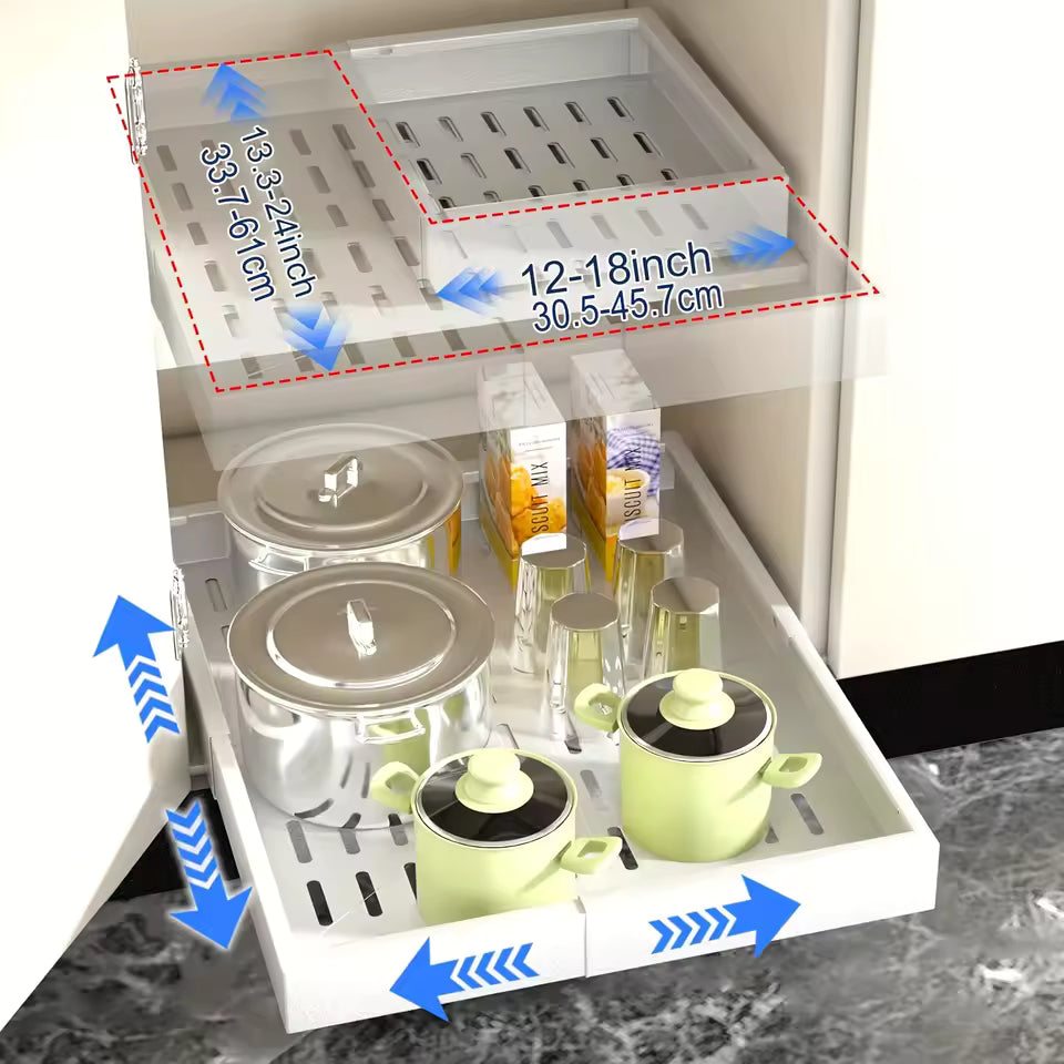 Expandable Pull-Out Drawer / Four-Sided Extendable Adjustment for Expanded Capacity / DIY Installation for Easy Cabinet Storage