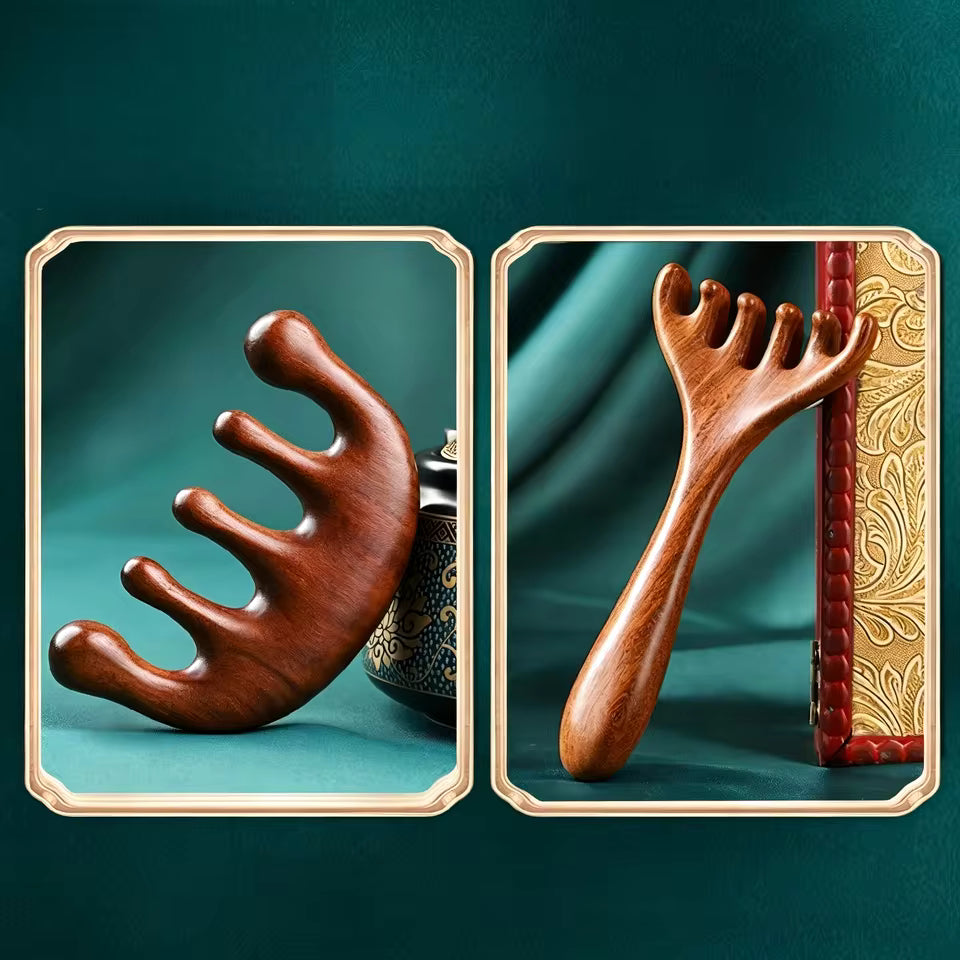 Natural Sandalwood Scalp Massage Comb, 5 Finger Anti Static Hair Brush, Wooden Head Massager Tool for Neck Relaxation & Home SPA
